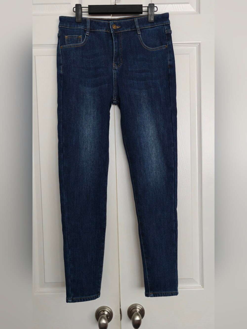 Dark Blue Women's Fleece Lined Jeans - Classic Stretch Denim, Size L